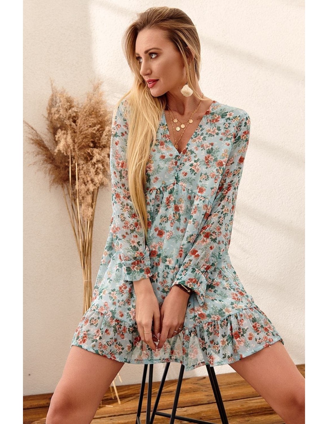 Floral dress with ruffles, mint PR1892 - Online store - Boutique